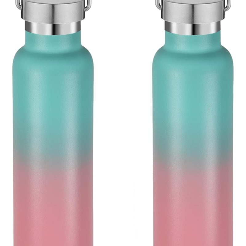 20 oz Insulated Water Bottles Bulk 2 Pack,Stainless Steel Double Wall Sport Bottle with Lid of Handle,Metal Reusable es Flask for School,Cyclists,Hikers,Gift (Green-Pink,Set of 2)