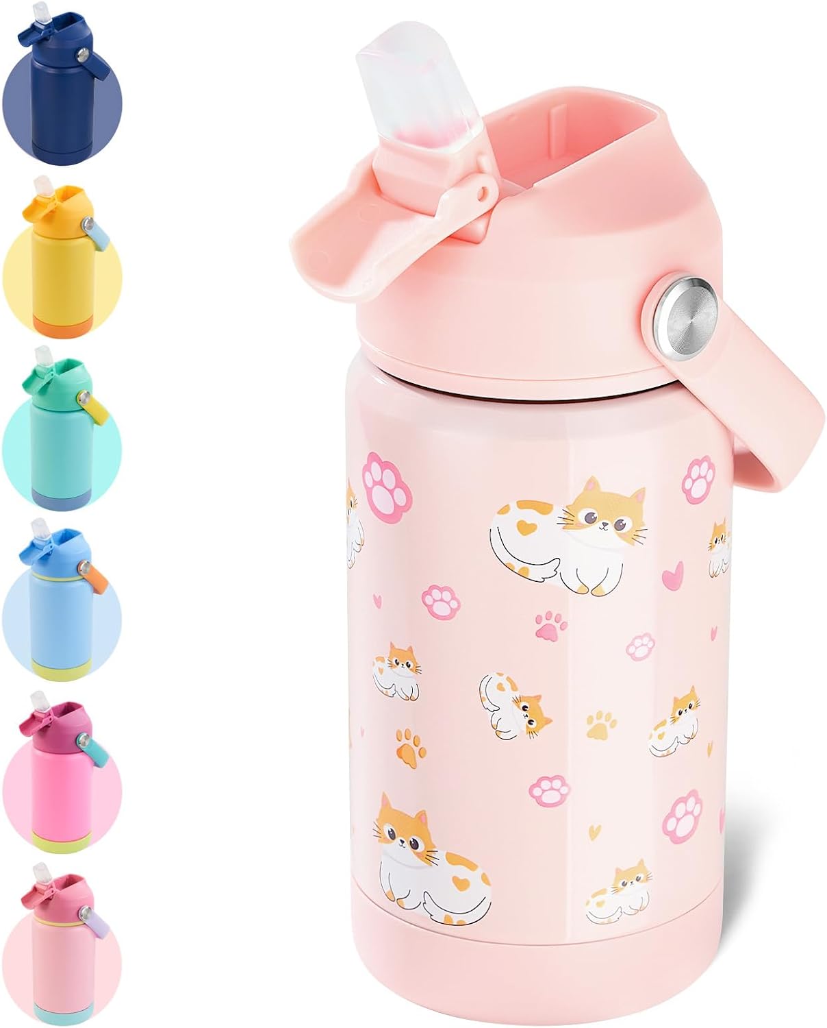 12oz Kids Water Bottle, Stainless Steel Insulated Water Bottle For Kids, Toddler Cup With Straws Leak-proof, Kids Water Bottles For School Boys Girls, BPA Free, Kitty