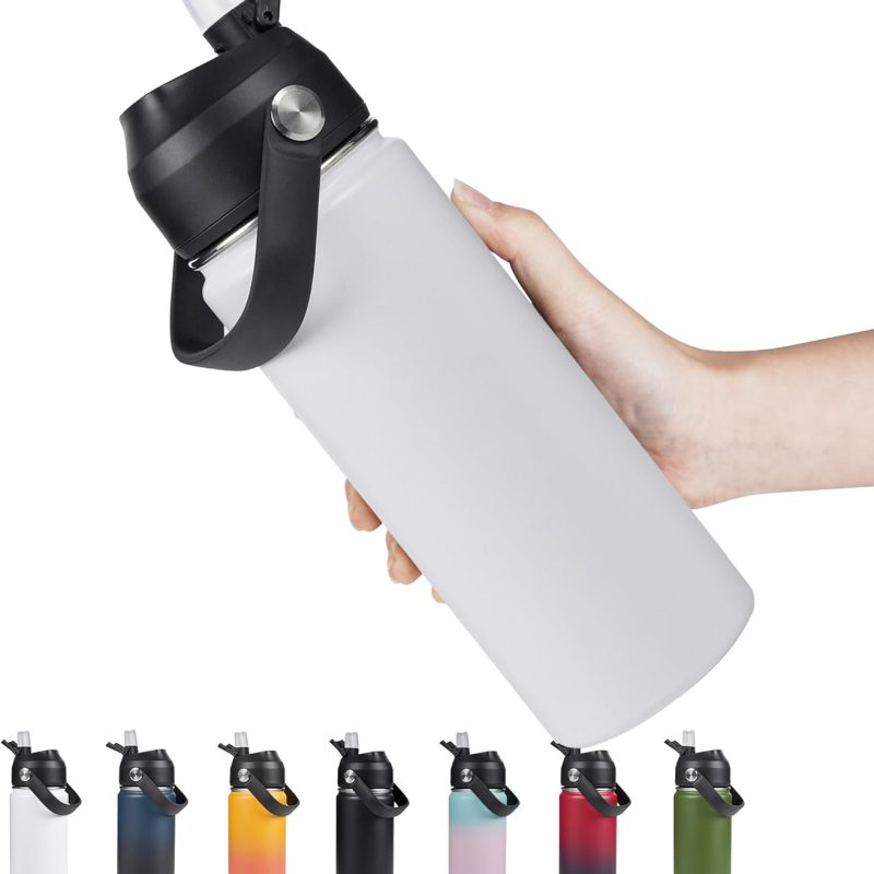18oz Insulated Stainless Steel Water Bottle, Wide Mouth Double Wall Vacuum, Silicone Straw, Sweat & Leak Proof, BPA Free Insulated Water Flask for Travel, Keep Cold 24h Hot 12h, White