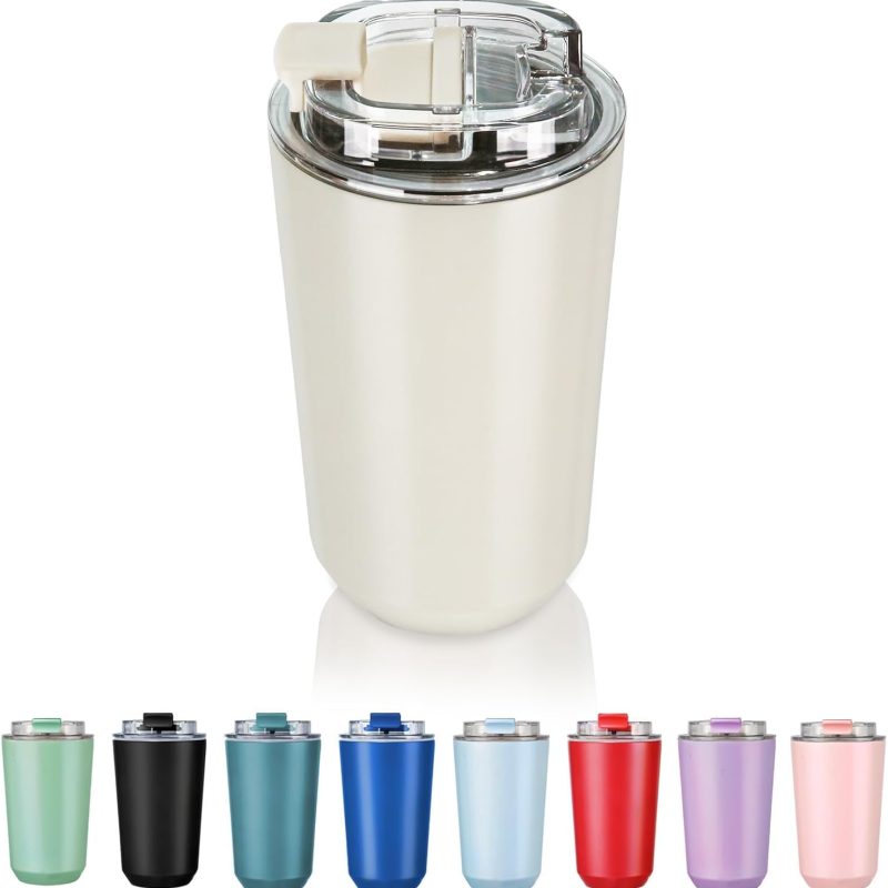 Insulated Tumblers with Lid, 14 oz Travel Coffee Mug Stainless Steel Vacuum Cup, Leak Proof Reusable Double Walled Coffee Tumbler for Iced and Hot Drinks, Cream