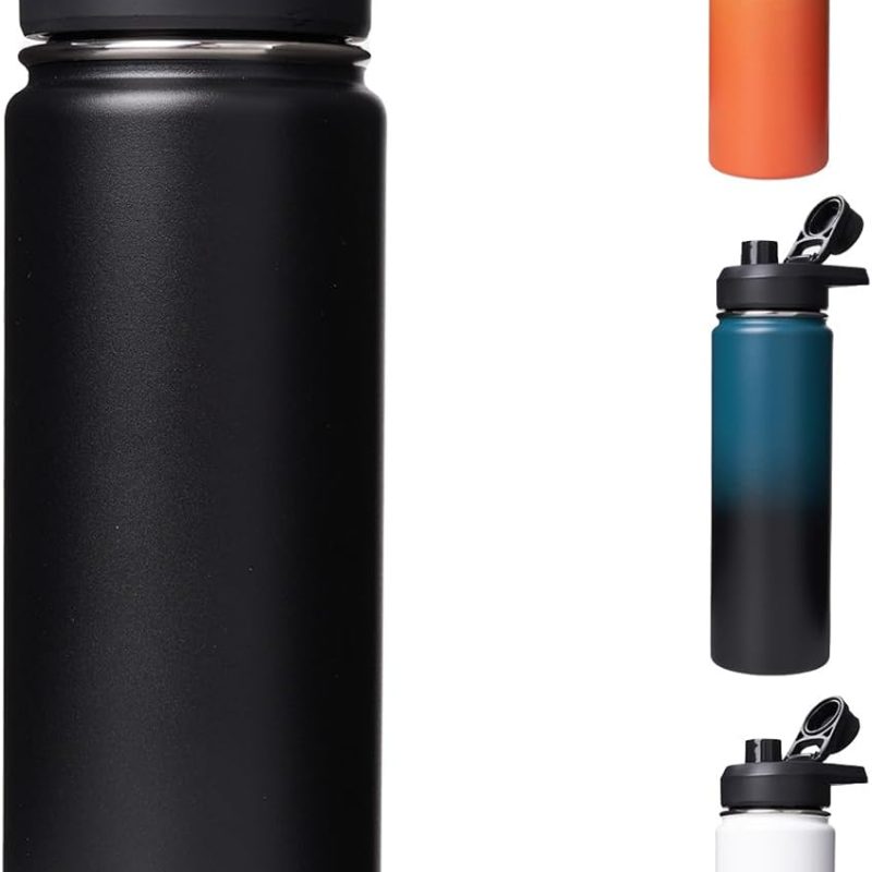 24 oz Insulated Water Bottle with Handle, 304 Stainless Steel Water Bottles with Wide Mouth, Double Wall Vacuum Sports Water Bottle, BPA Free, Keep Cold and Hot, Black