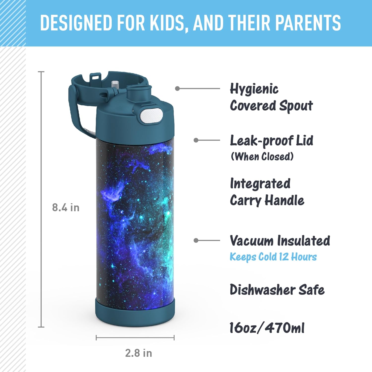 16 Ounce Stainless Steel Vacuum Insulated Bottle with Wide Spout Lid, Galaxy Teal - Image 2
