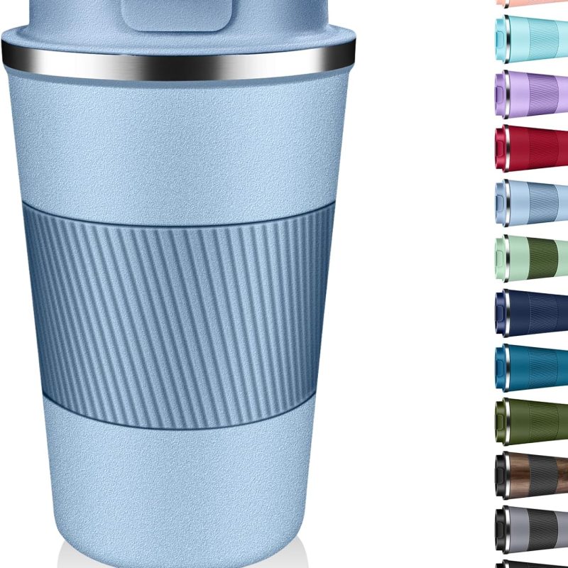 Insulated Coffee Tumbler 12 oz, Stainless Steel Coffee Mug with Lids, Travel Coffee Mug Leak Proof, Double Wall Vacuum Insulated Reusable Coffee Cup, Keep Drinks Hot and Cold (Sky Blue, 12 Ounces)