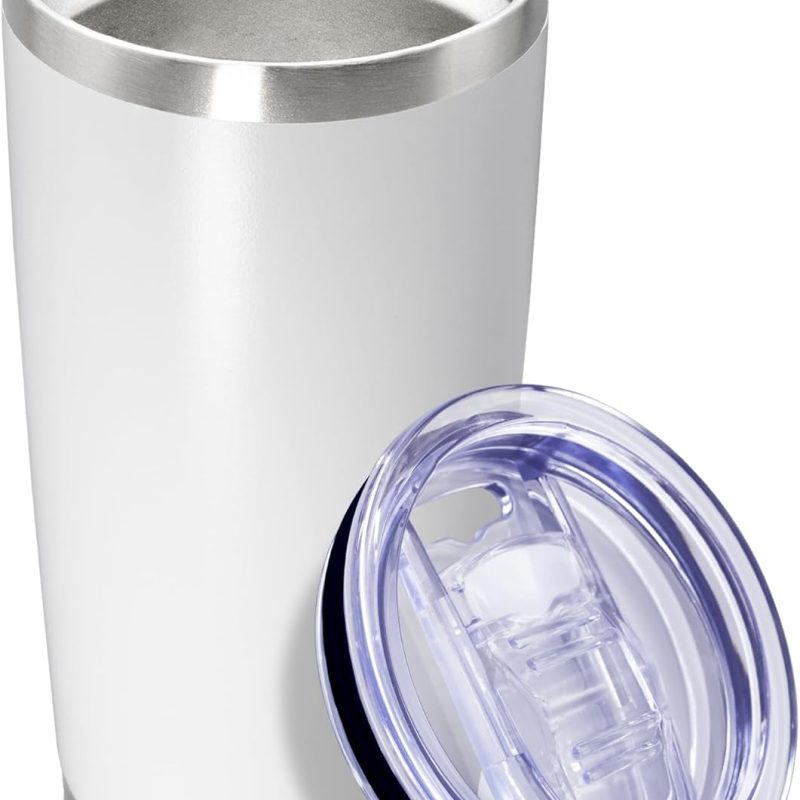 20 oz Tumbler Coffee Tavel Tumblers Bulk with Lid Stainless Steel Double Wall Vacuum Insulated Mug Powder Coated Cups fit Car Cupholder for Hot and Cold - White, 1Pack