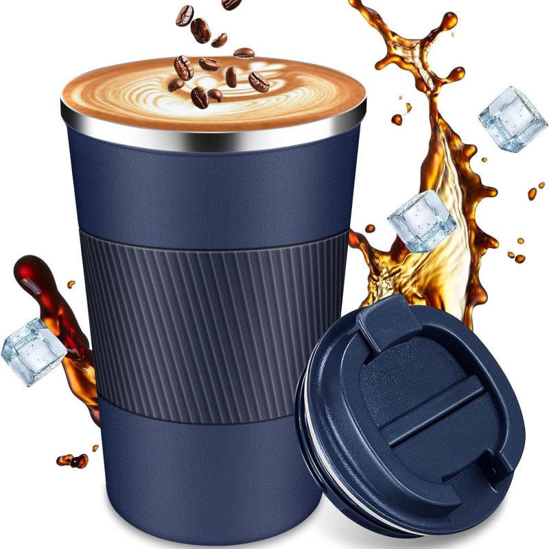 Insulated Travel Coffee Cup with Leak Proof Lid,To Go Camping Stainless Steel Vacuum Coffee Mug, Reusable Coffee Tumblers Hot & Cold Drinks Gifts Multiple Sizes and Colors (Dark blue, 12 oz)