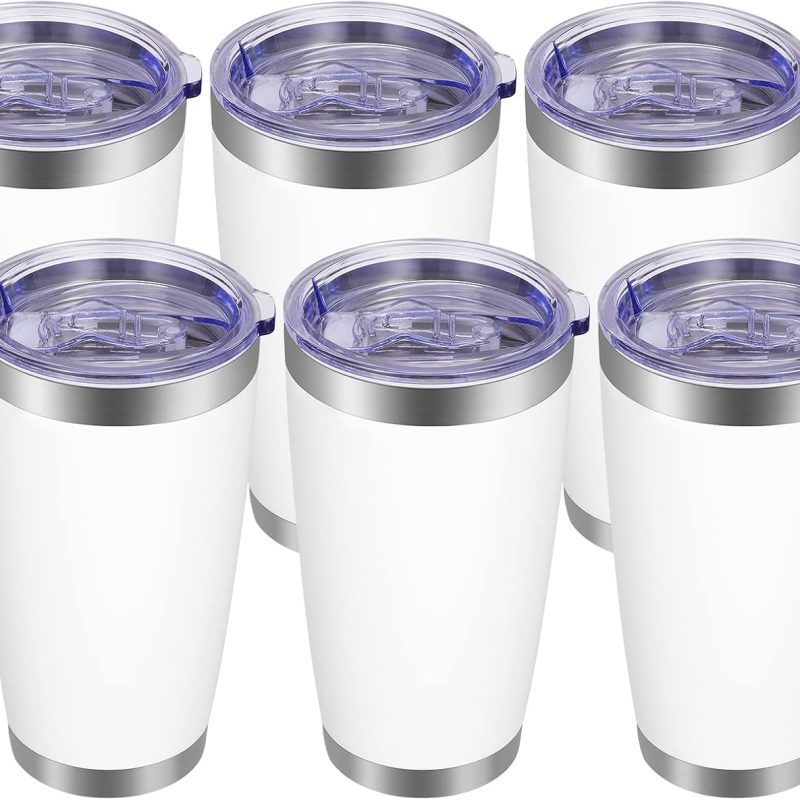 20oz Tumbler with Lid and Straw Stainless Steel Tumbler Cup Bulk Vacuum Insulated Double Wall Travel Coffee Mug Powder Coated Coffee Cup(White 6 Pack