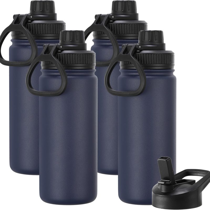 16 oz Kids Water Bottle for School Stainless Steel Double Wall Vacuum Insulated Water Bottle with Straw lids & Spout Lid, Leakproof BPA Free (Navy,4)