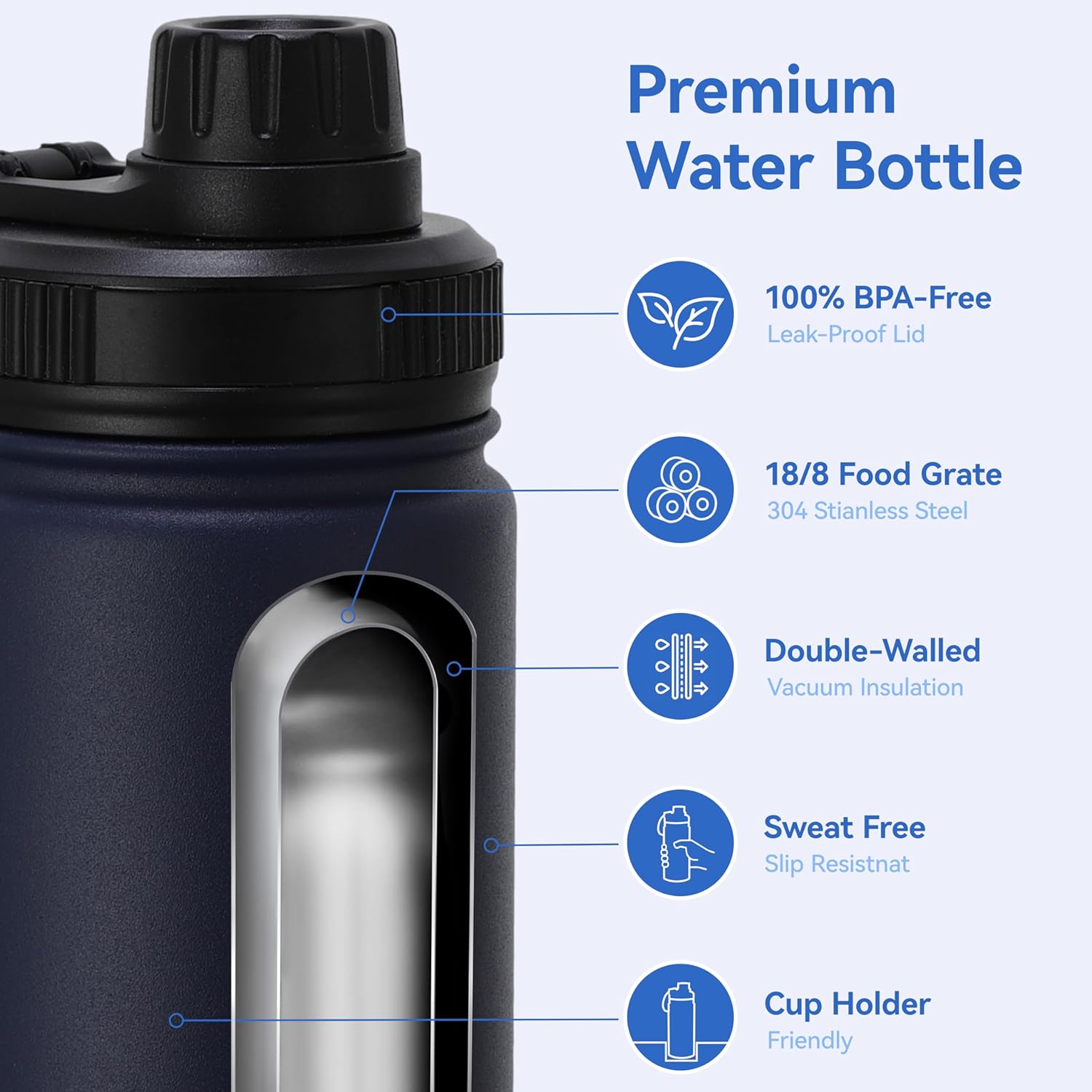 16 oz Kids Water Bottle for School Stainless Steel Double Wall Vacuum Insulated Water Bottle with Straw lids & Spout Lid, Leakproof BPA Free (Navy,4) - Image 2